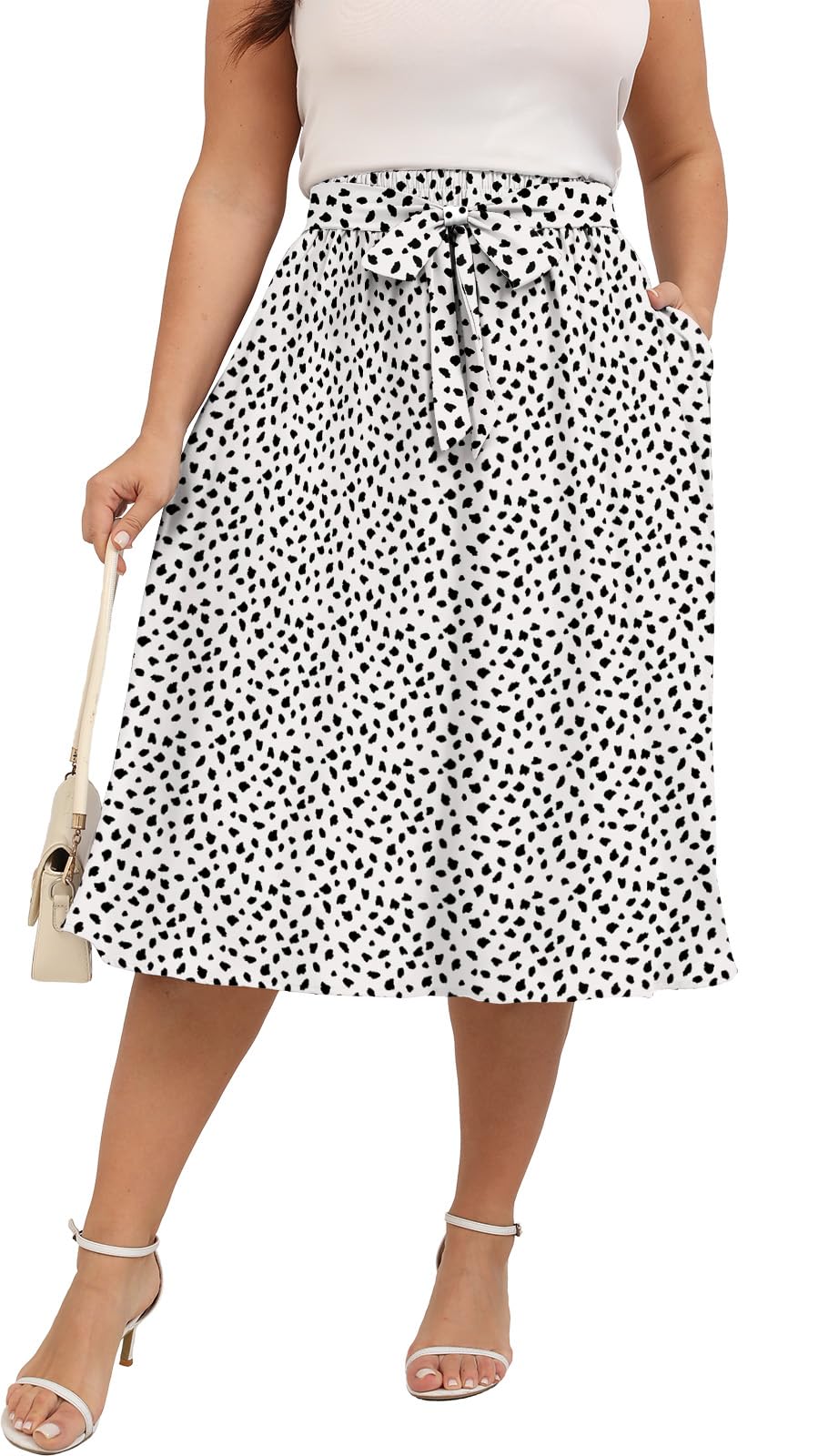 Xpenyo Womens Plus Size Midi Skirts Summer Elastic High Waisted Boho Casual Beach Flowy Swing Knee Length Skirts with Pockets