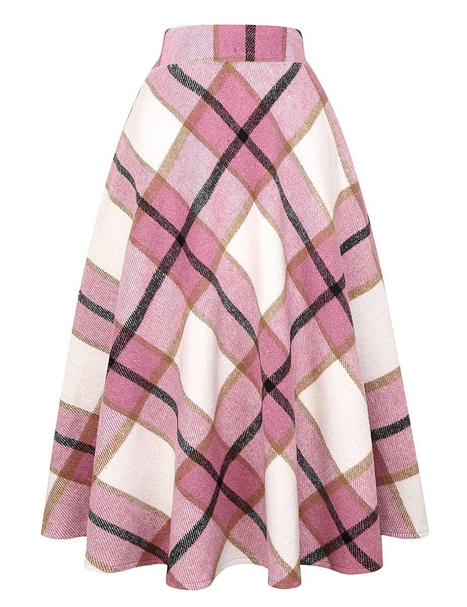 IDEALSANXUN Womens Plaid Wool Skirts Elastic Waist A-Line Pleated Tartan Long Skirts