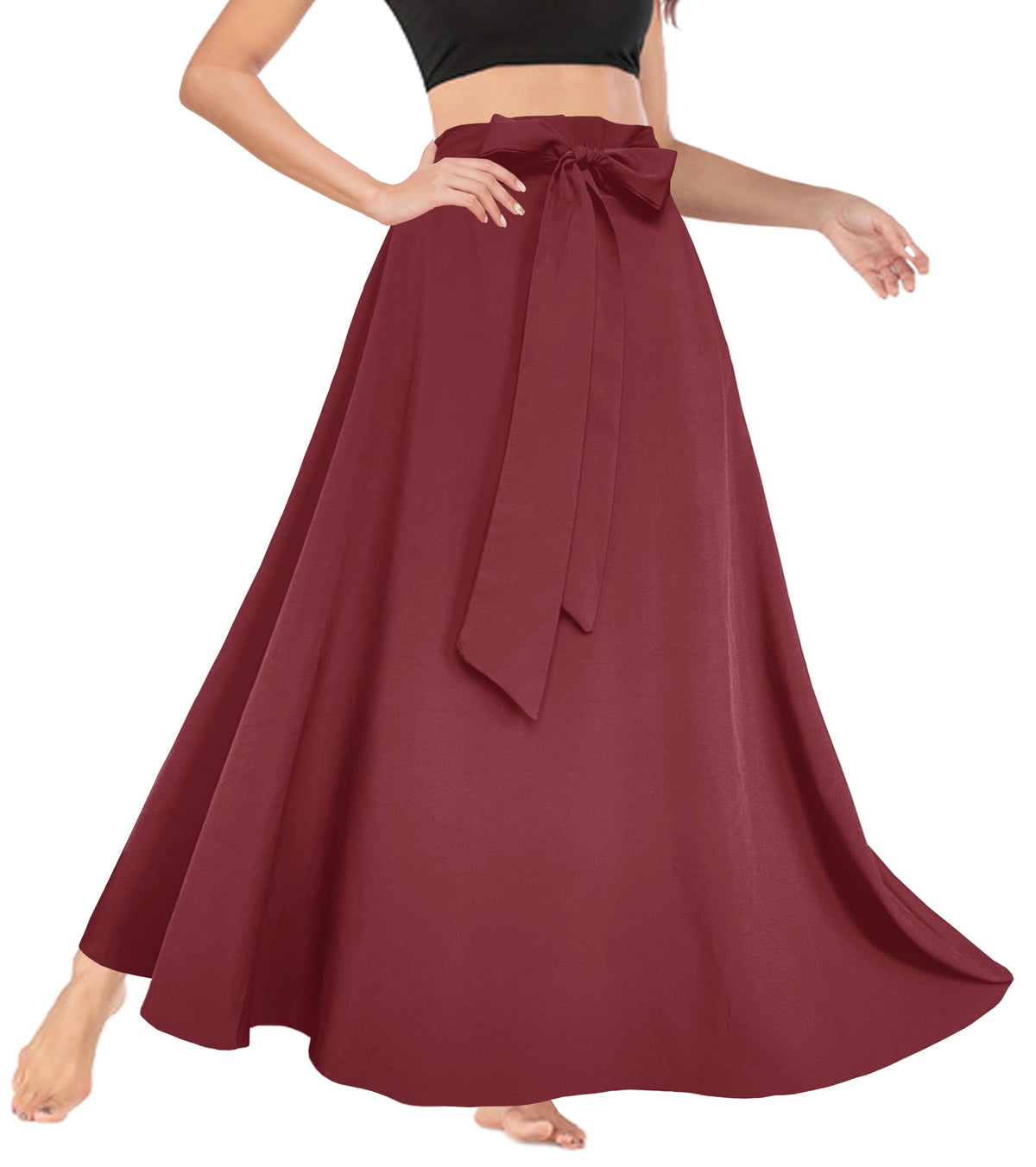 Afibi Women's High Waist Skirt Tie Front A-Line Flowy Long Maxi Skirts with Pockets