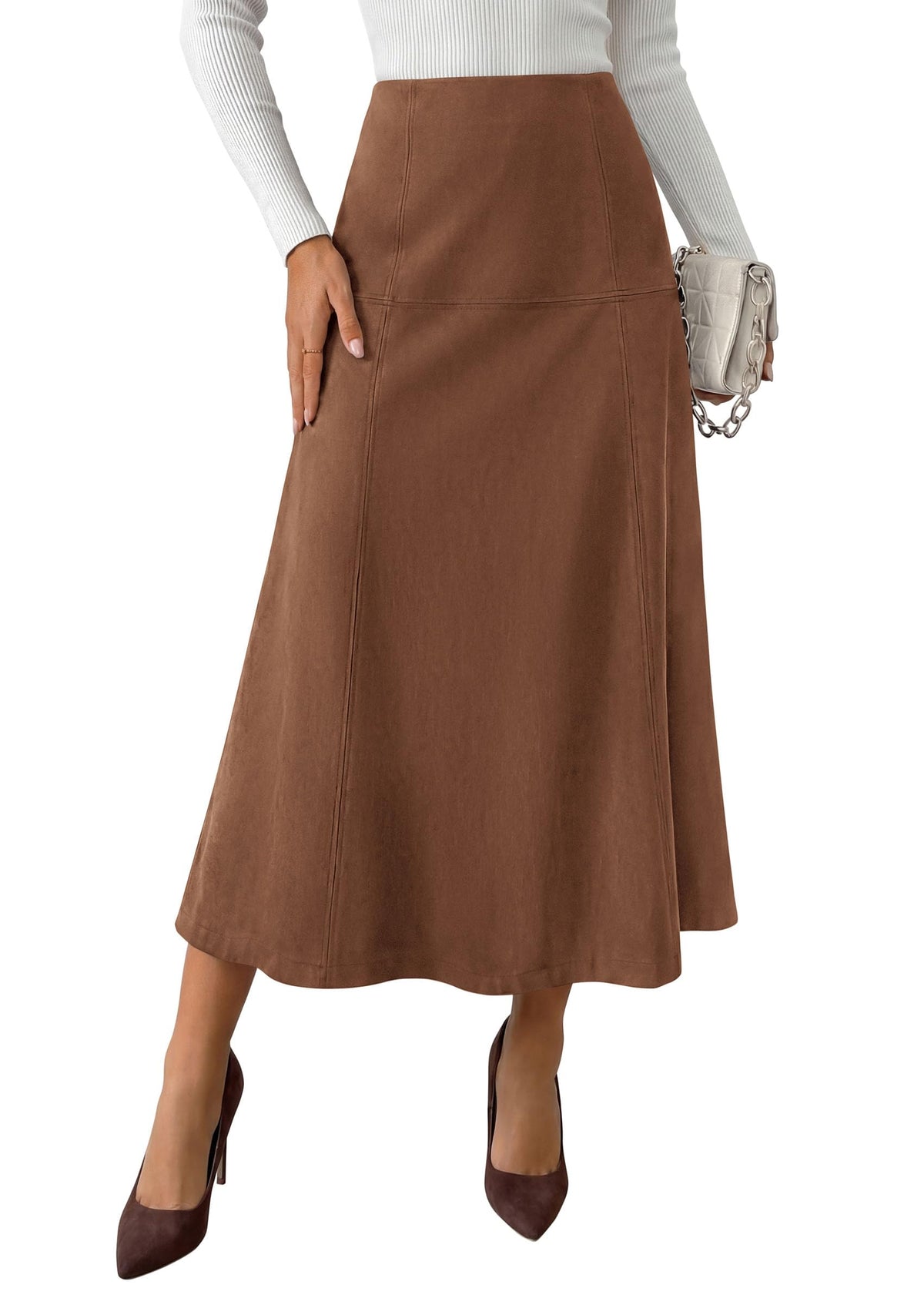 PRETTYGARDEN Womens High Waist Faux Suede A Line Midi Skirt