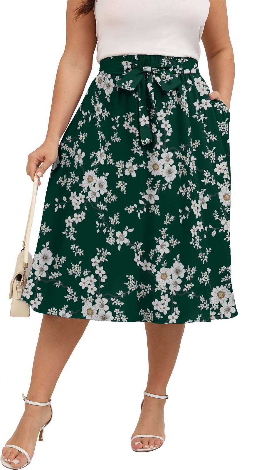 Xpenyo Womens Plus Size Midi Skirts Summer Elastic High Waisted Boho Casual Beach Flowy Swing Knee Length Skirts with Pockets