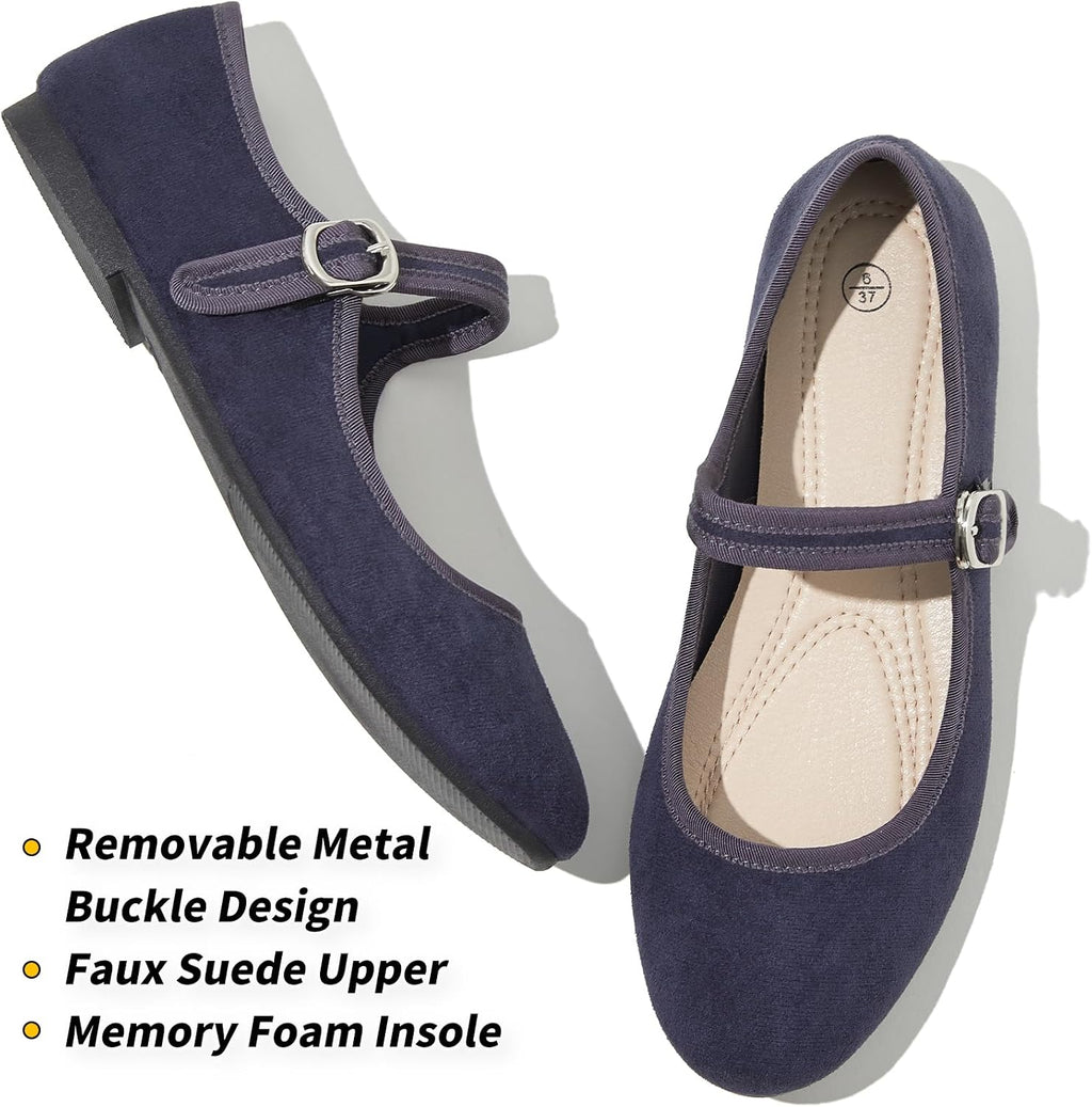Womens Mary Jane Flats with strap,Faux Suede Black Flats,Casual Dressy Flat