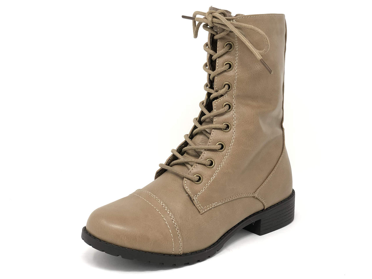Forever Link Womens Round Toe Military Lace Up Knit Ankle Cuff Low Heel Combat Boots