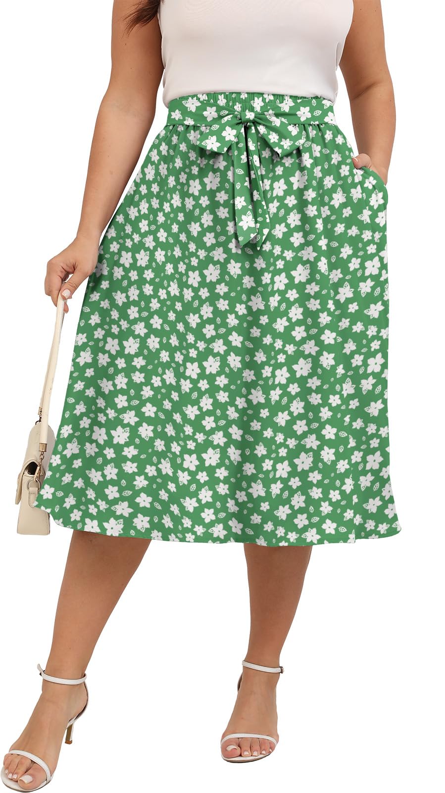 Xpenyo Womens Plus Size Midi Skirts Summer Elastic High Waisted Boho Casual Beach Flowy Swing Knee Length Skirts with Pockets