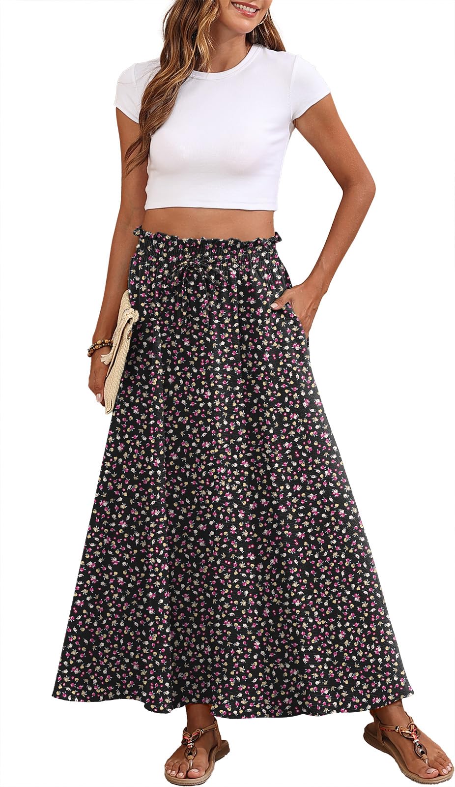 Askyes Womens Maxi Skirt Summer Tie Knot Elastic High Waisted Boho Casual Beach Flowy Swing Long Skirts with Pockets
