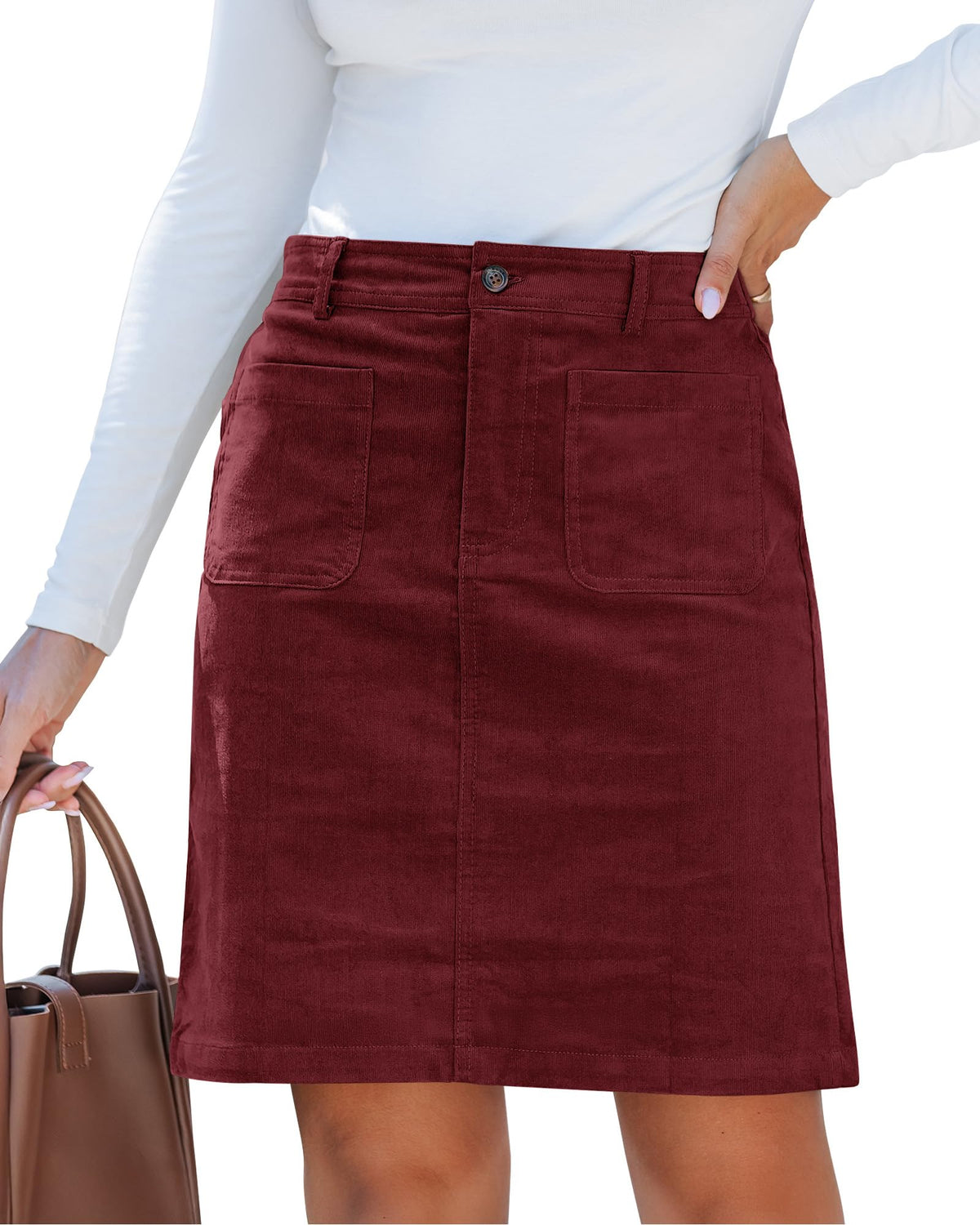 luvamia Corduroy Skirts for Women High Waisted Trendy Fall Elastic Waist Casual Stretchy Short Skirts with Patch Pockets