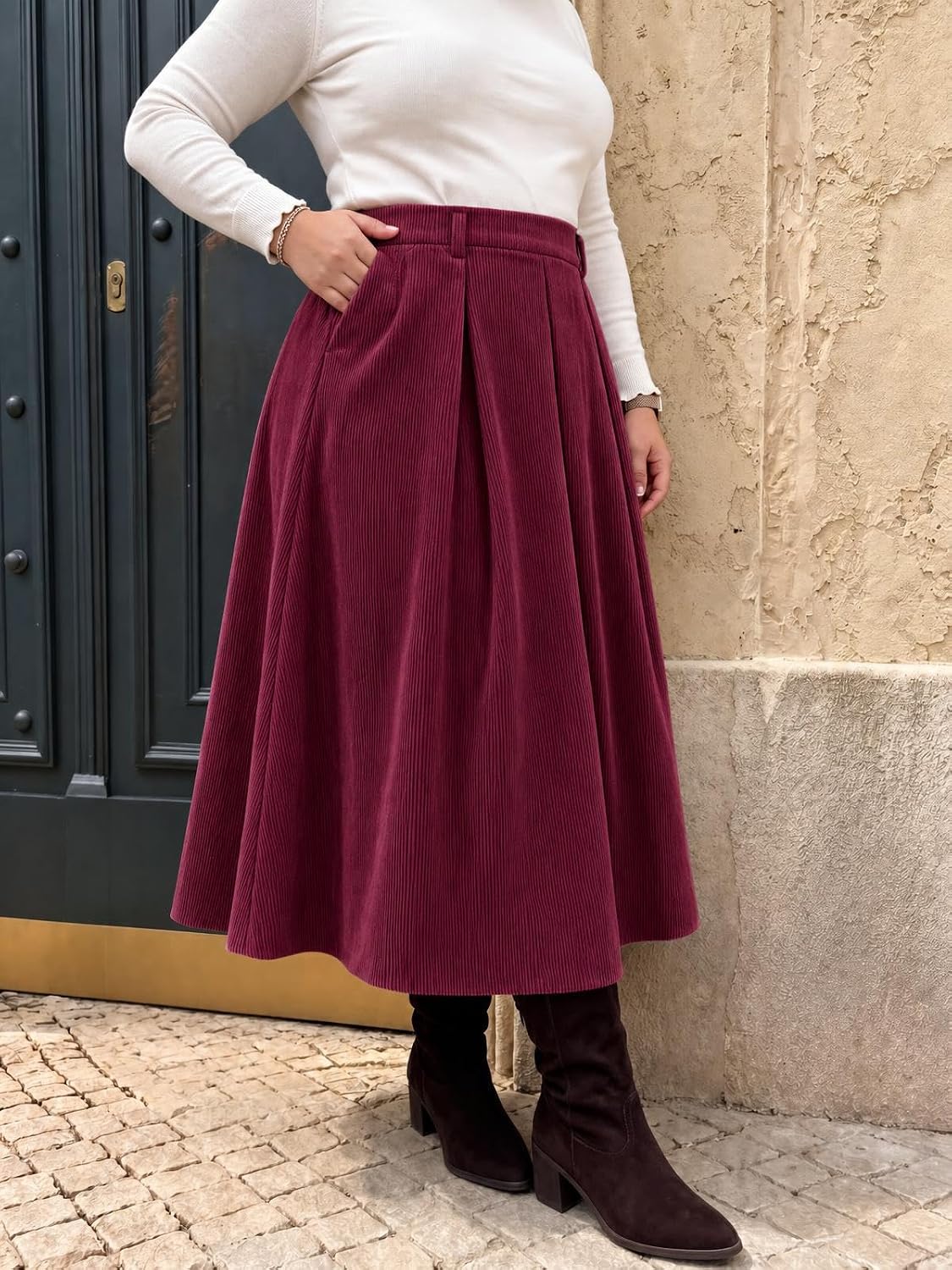 Beautife Womens Plus Size Corduroy A-Line Pleated Skirt with Pockets