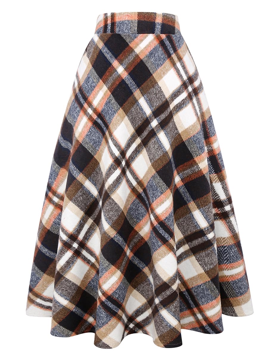 IDEALSANXUN Womens Plaid Wool Skirts Elastic Waist A-Line Pleated Tartan Long Skirts