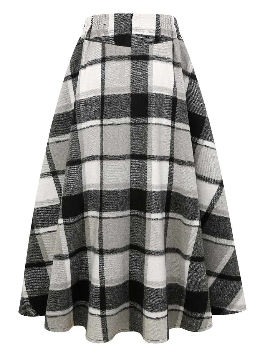 IDEALSANXUN Women’s Fall Winter High Waisted Wool Plaid A-line Long Skirt