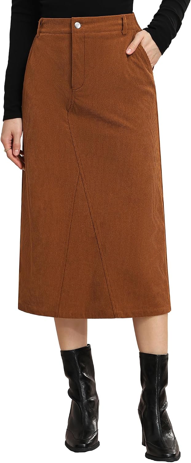 Kate Kasin Women Corduroy Midi Skirts, Fall High Waist Skirt with Pockets