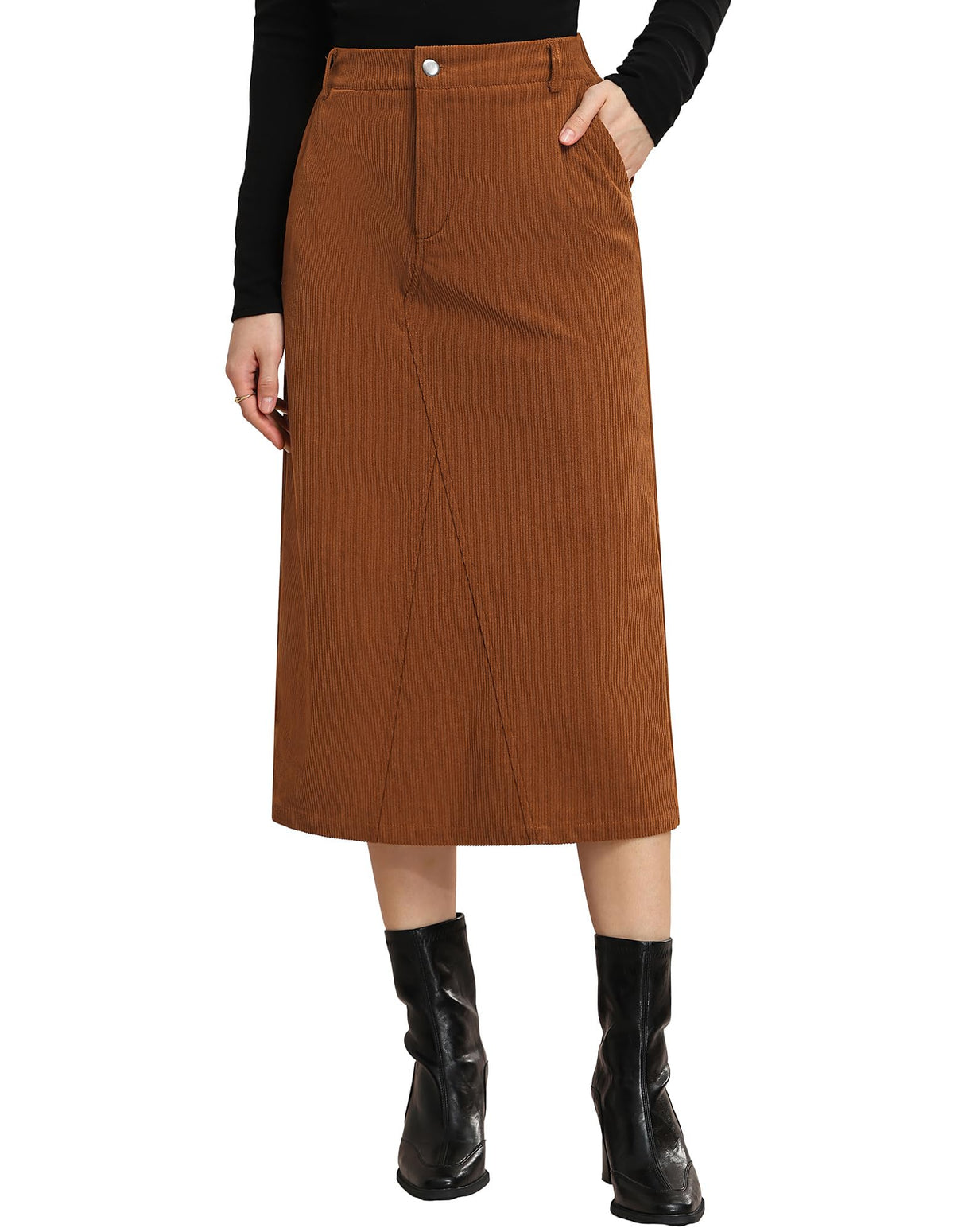 Kate Kasin Women Corduroy Midi Skirts, Fall High Waist Skirt with Pockets