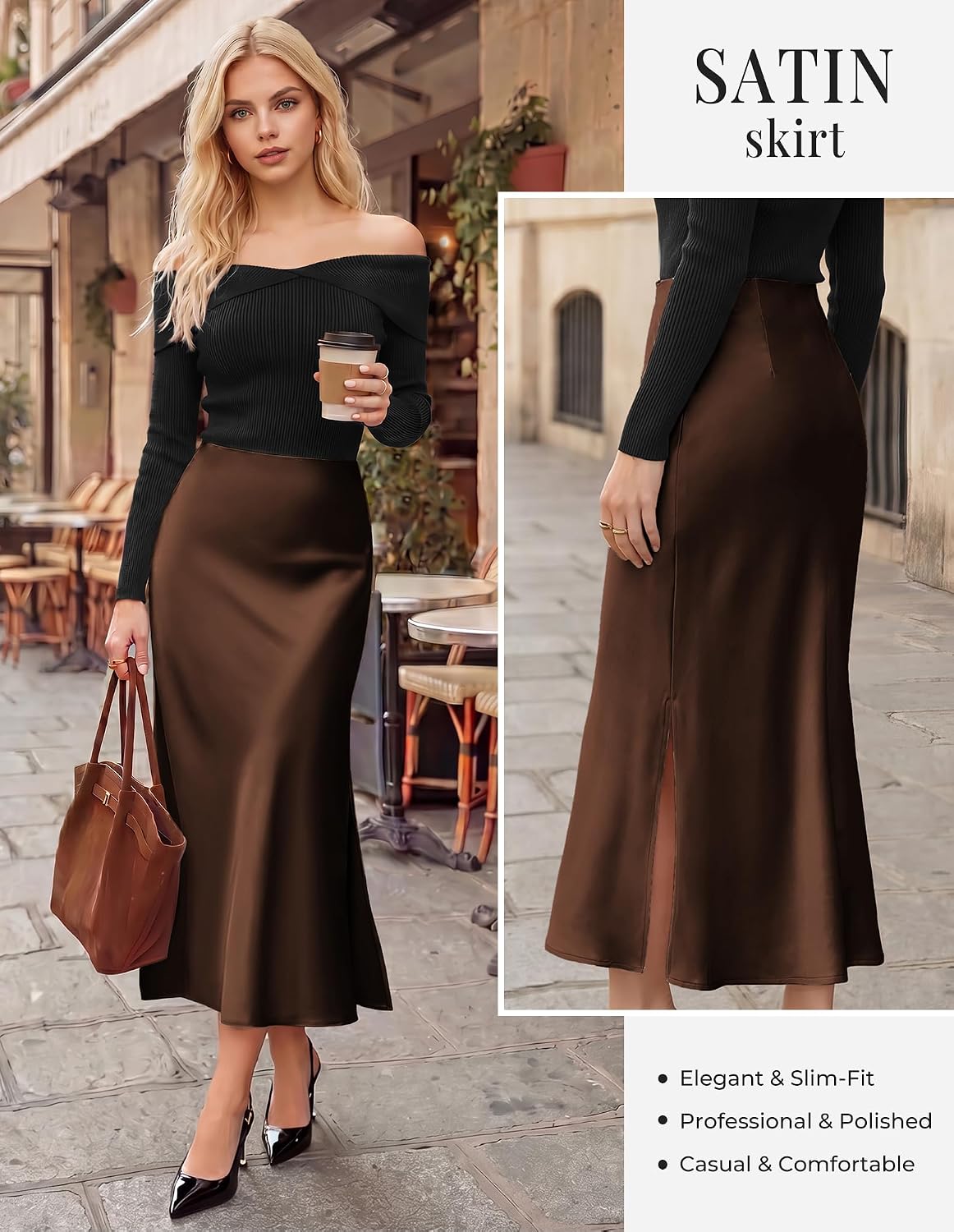 Kate Kasin Women Satin Midi Skirts, High Waisted Silk Flowy Fishtail Skirt