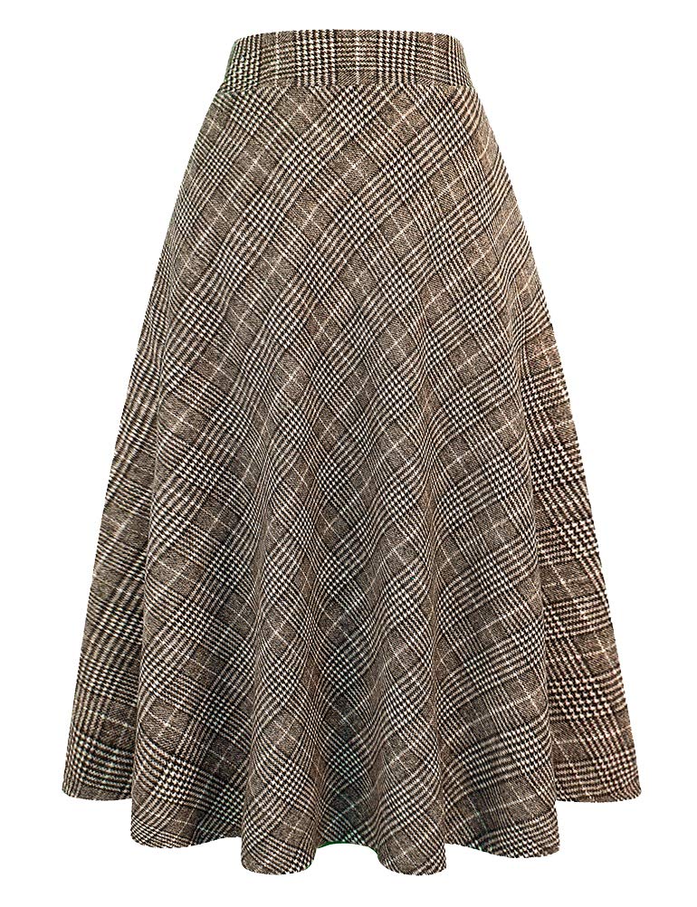 IDEALSANXUN Womens Plaid Wool Skirts Elastic Waist A-Line Pleated Tartan Long Skirts