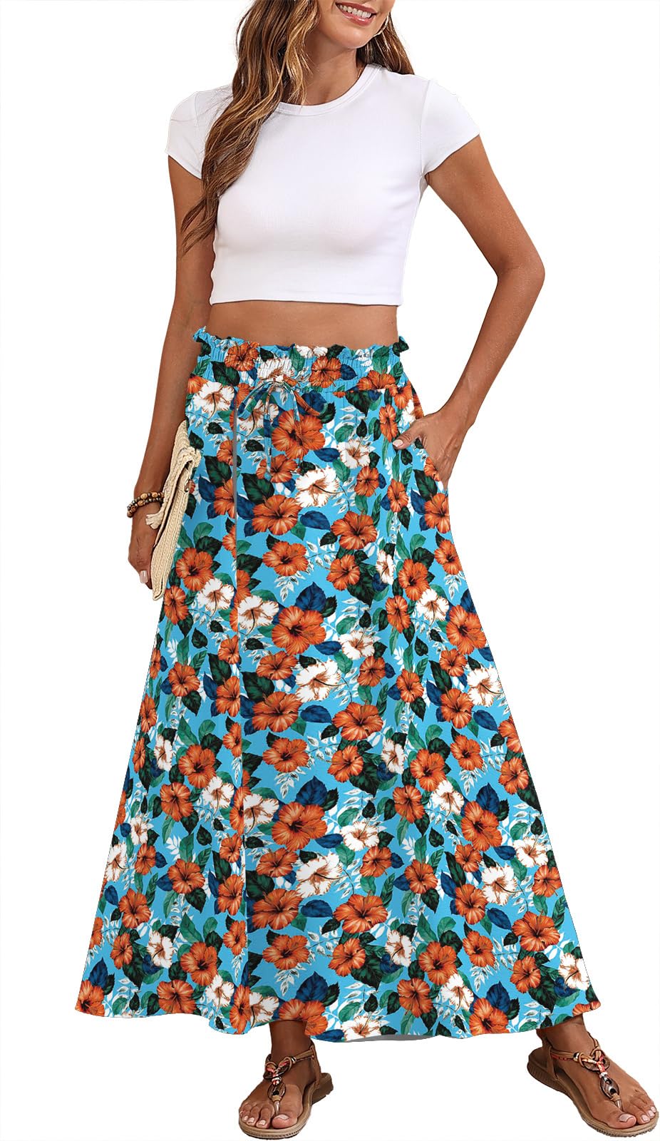 Askyes Womens Maxi Skirt Summer Tie Knot Elastic High Waisted Boho Casual Beach Flowy Swing Long Skirts with Pockets
