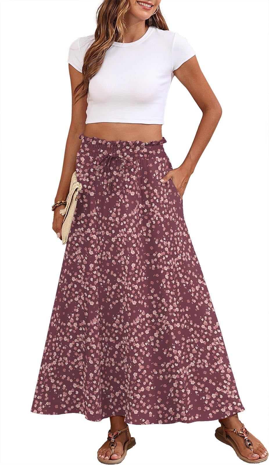 Askyes Womens Maxi Skirt Summer Tie Knot Elastic High Waisted Boho Casual Beach Flowy Swing Long Skirts with Pockets