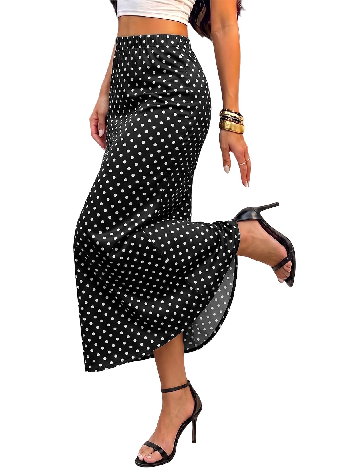 BLENCOT Women's Satin Midi Skirt Fashion Printed Elastic Waist Long Skirt