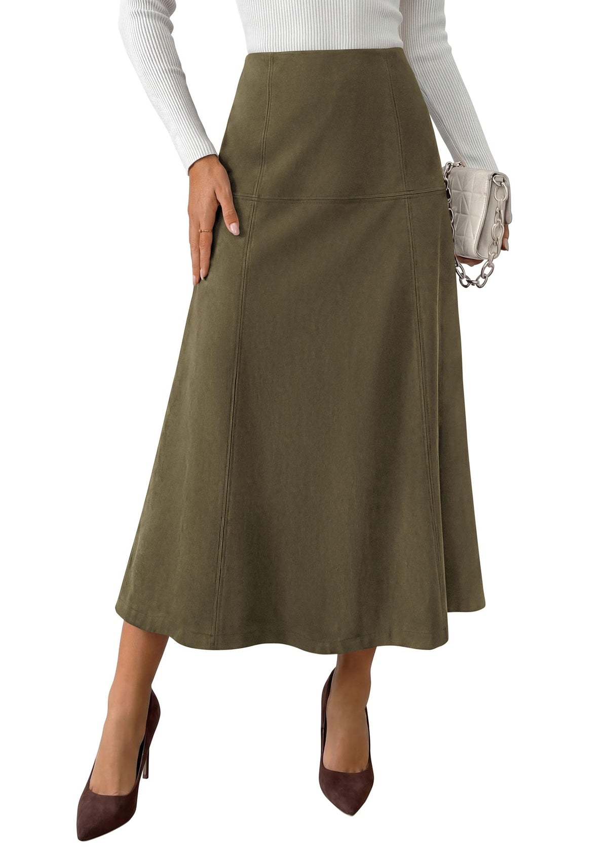 PRETTYGARDEN Womens High Waist Faux Suede A Line Midi Skirt