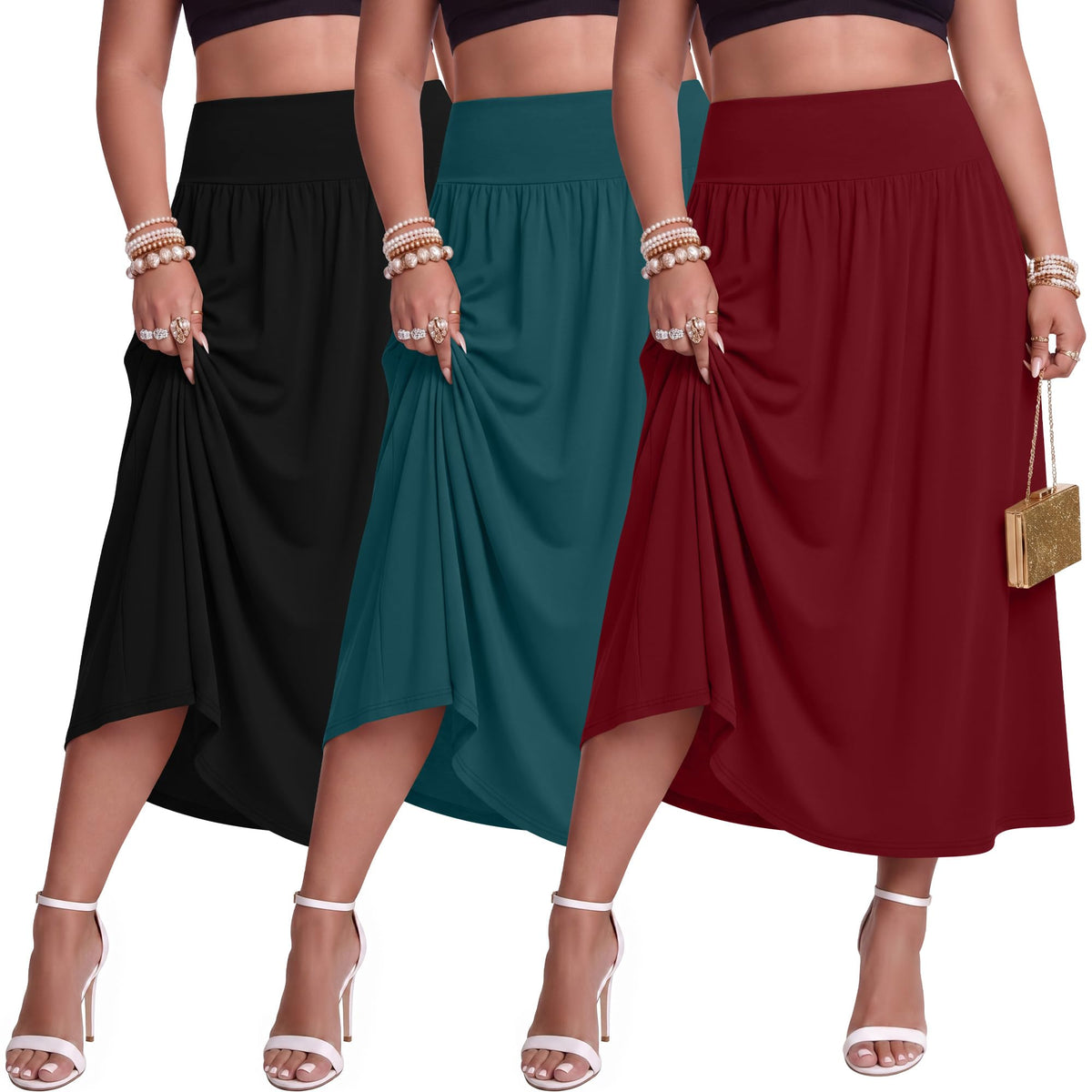 Ficerd 3 Pack Women Plus Size Skirts with Pockets