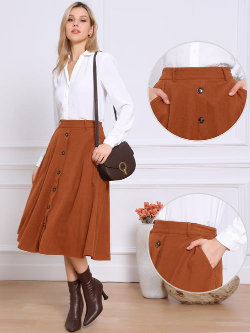 Allegra K Corduroy Skirt for Women Button Front High Waist Vintage Stretch A-Line Flared Casual Midi Skirts with Pockets