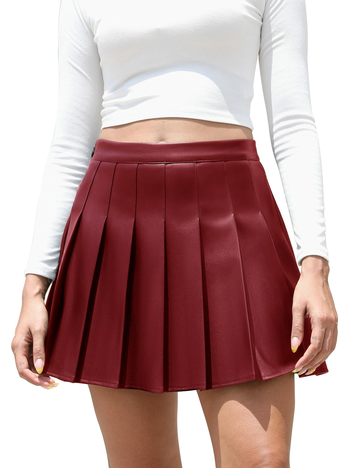 Easisim Women's Faux Leather High Waist A-Line Pleated Skater Mini Skirt