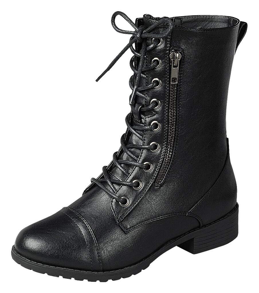 Forever Link Womens Round Toe Military Lace Up Knit Ankle Cuff Low Heel Combat Boots
