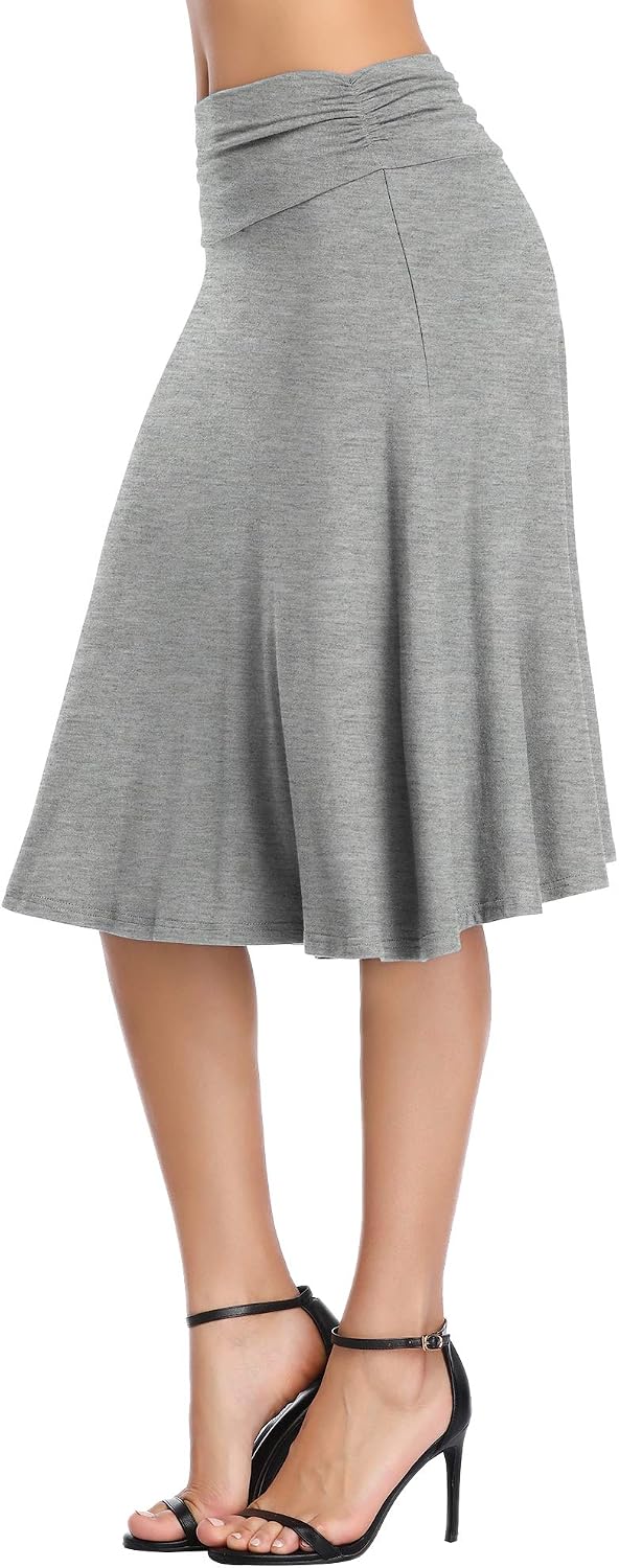 Urban CoCo Women's Ruched High Waist Knee Length Jersey A-Line Stretchy Flared Casual Skirt