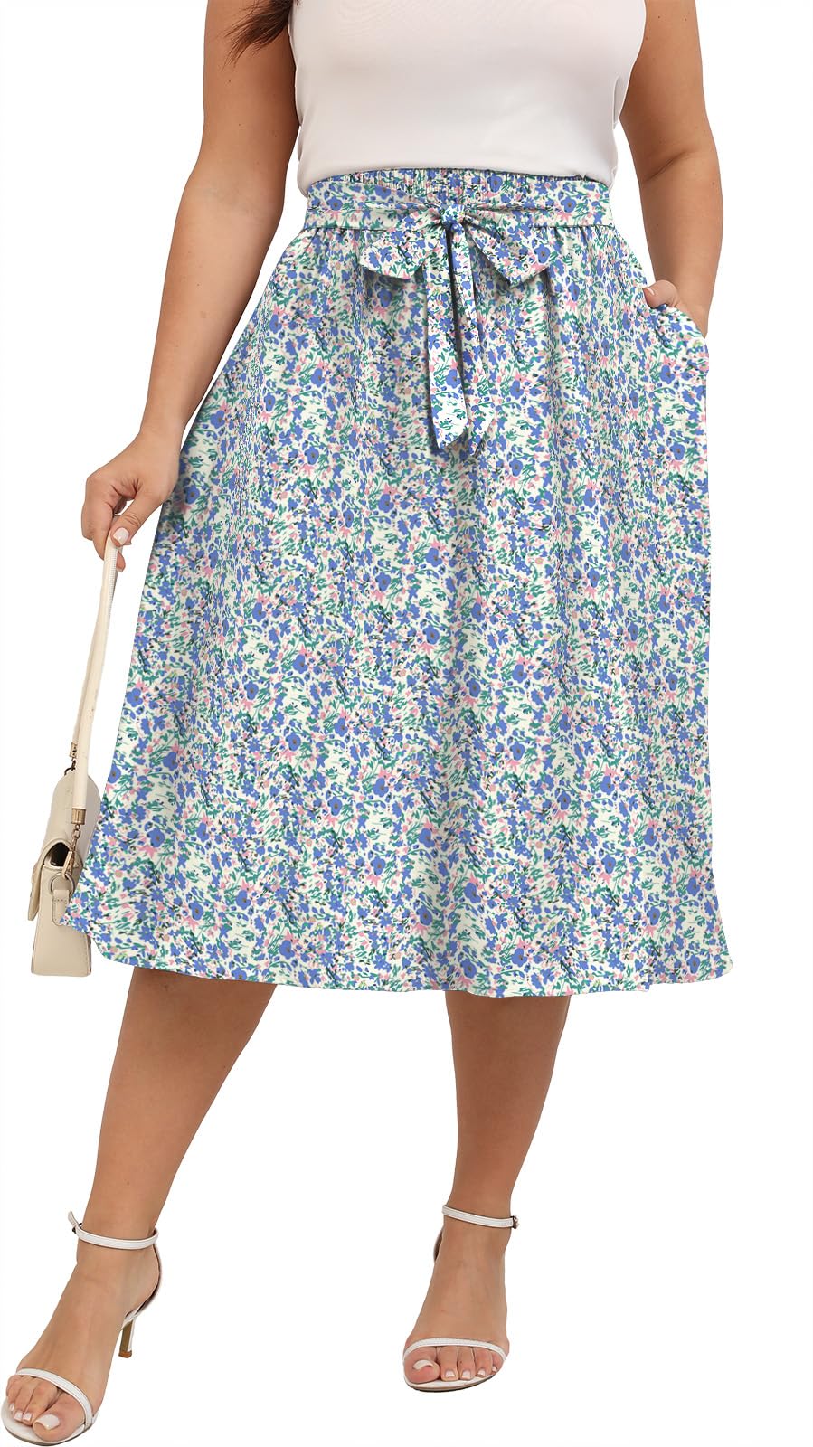 Xpenyo Womens Plus Size Midi Skirts Summer Elastic High Waisted Boho Casual Beach Flowy Swing Knee Length Skirts with Pockets
