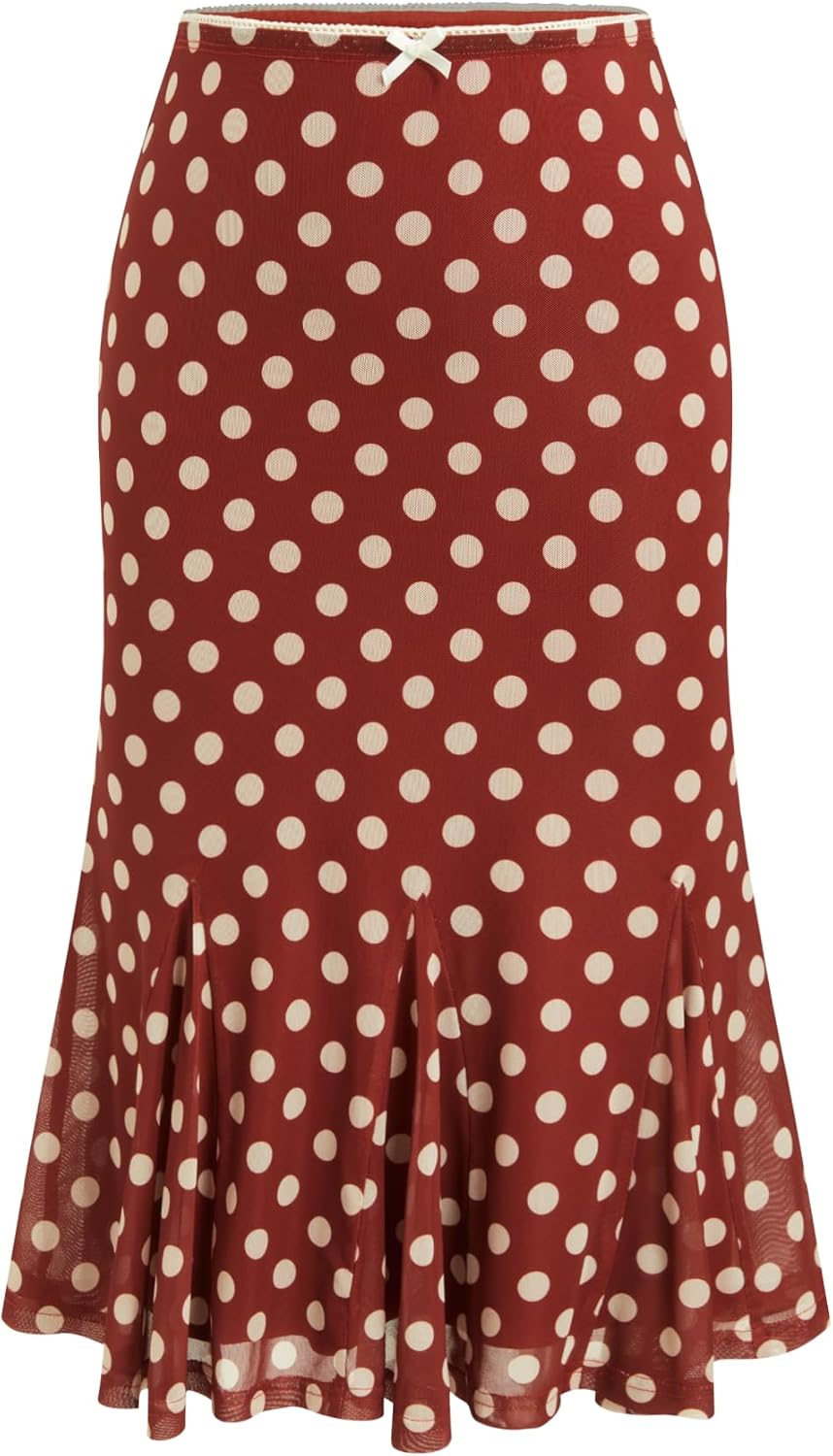 CIDER Womens Polka Dot Midi Skirt Bowknot Sheer Mesh Trendy Skirt