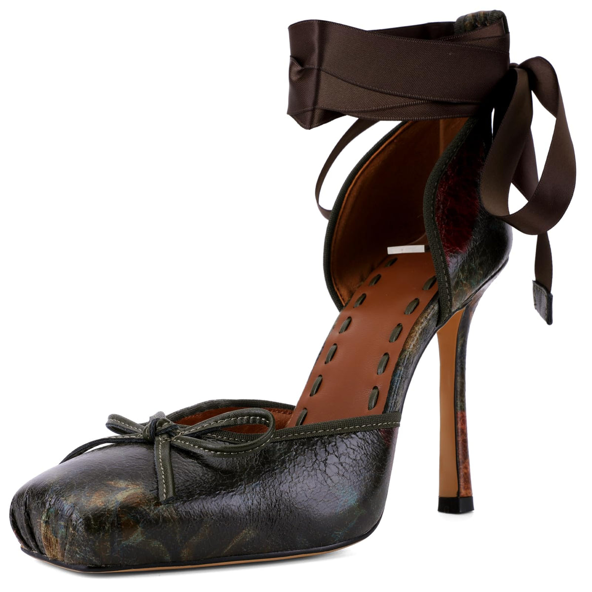 Women's Satin Ballet Heels, Lace-Up Square Toe Stiletto Pumps