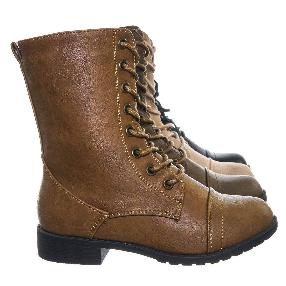 Forever Link Womens Round Toe Military Lace Up Knit Ankle Cuff Low Heel Combat Boots