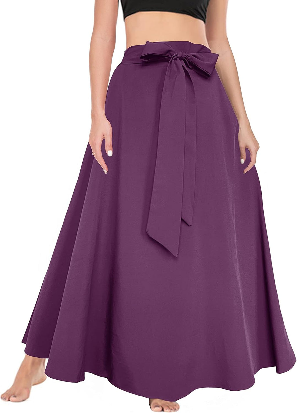 Afibi Women's High Waist Skirt Tie Front A-Line Flowy Long Maxi Skirts with Pockets