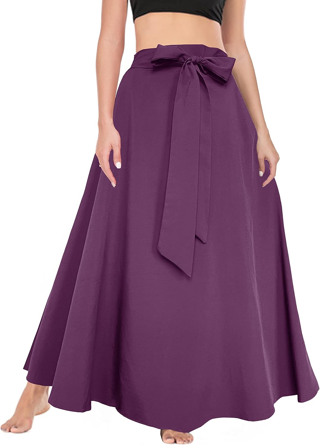 Afibi Women's High Waist Skirt Tie Front A-Line Flowy Long Maxi Skirts with Pockets
