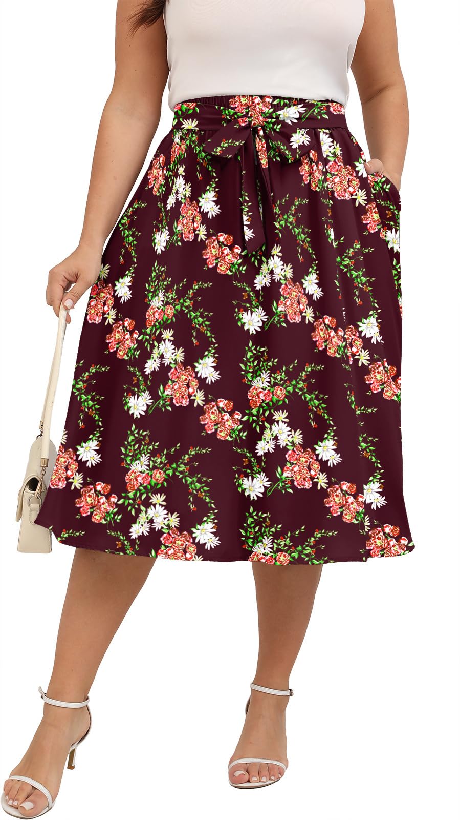 Xpenyo Womens Plus Size Midi Skirts Summer Elastic High Waisted Boho Casual Beach Flowy Swing Knee Length Skirts with Pockets