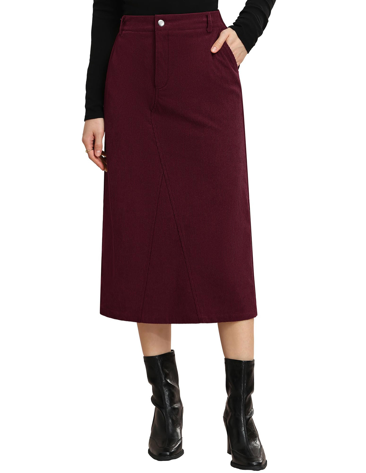 Kate Kasin Women Corduroy Midi Skirts, Fall High Waist Skirt with Pockets