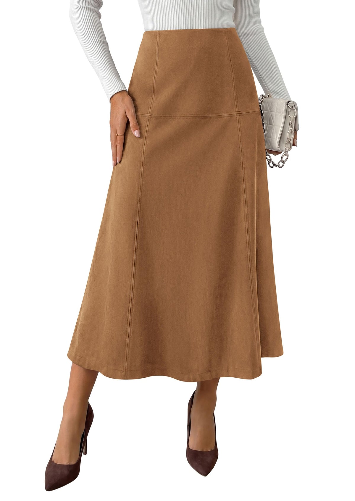 PRETTYGARDEN Womens High Waist Faux Suede A Line Midi Skirt