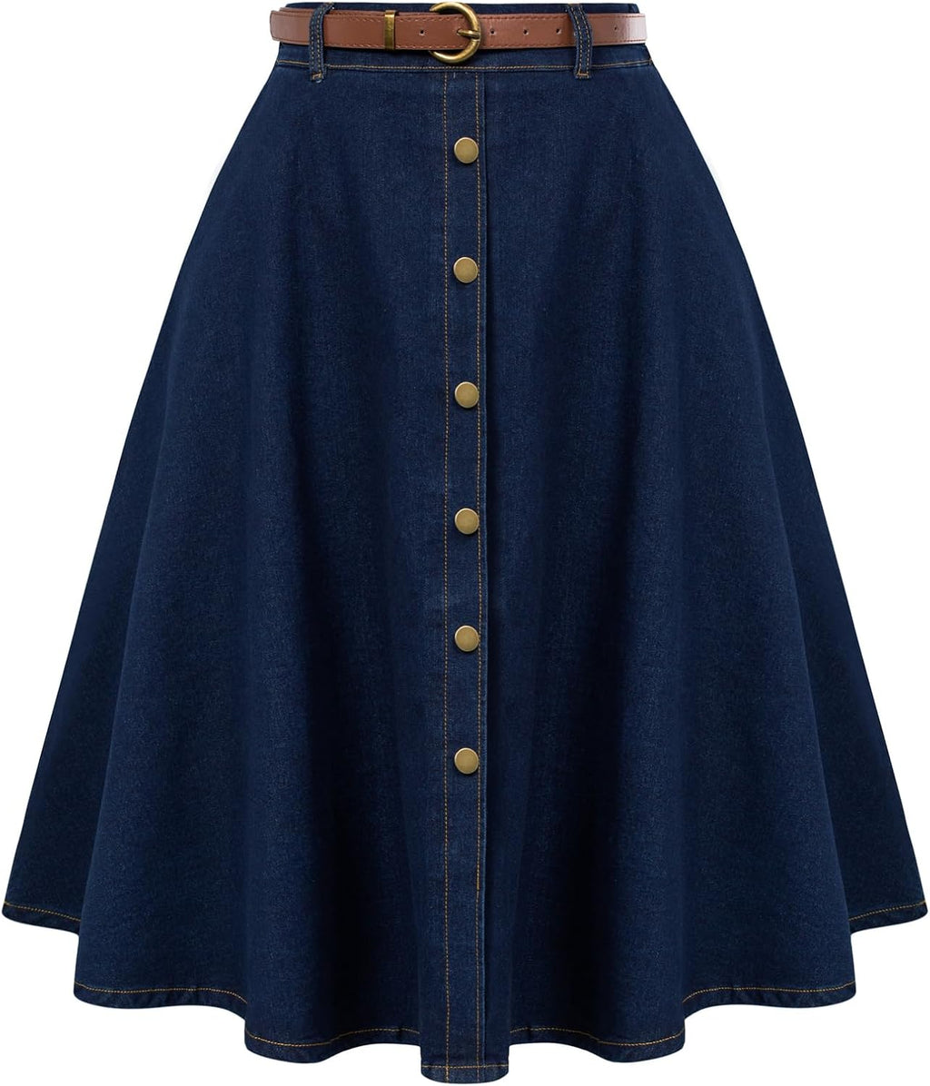 Belle Poque Women's Denim Skirts Vintage Below Knee Length High Waist A-Line Jean Skirts with Pockets