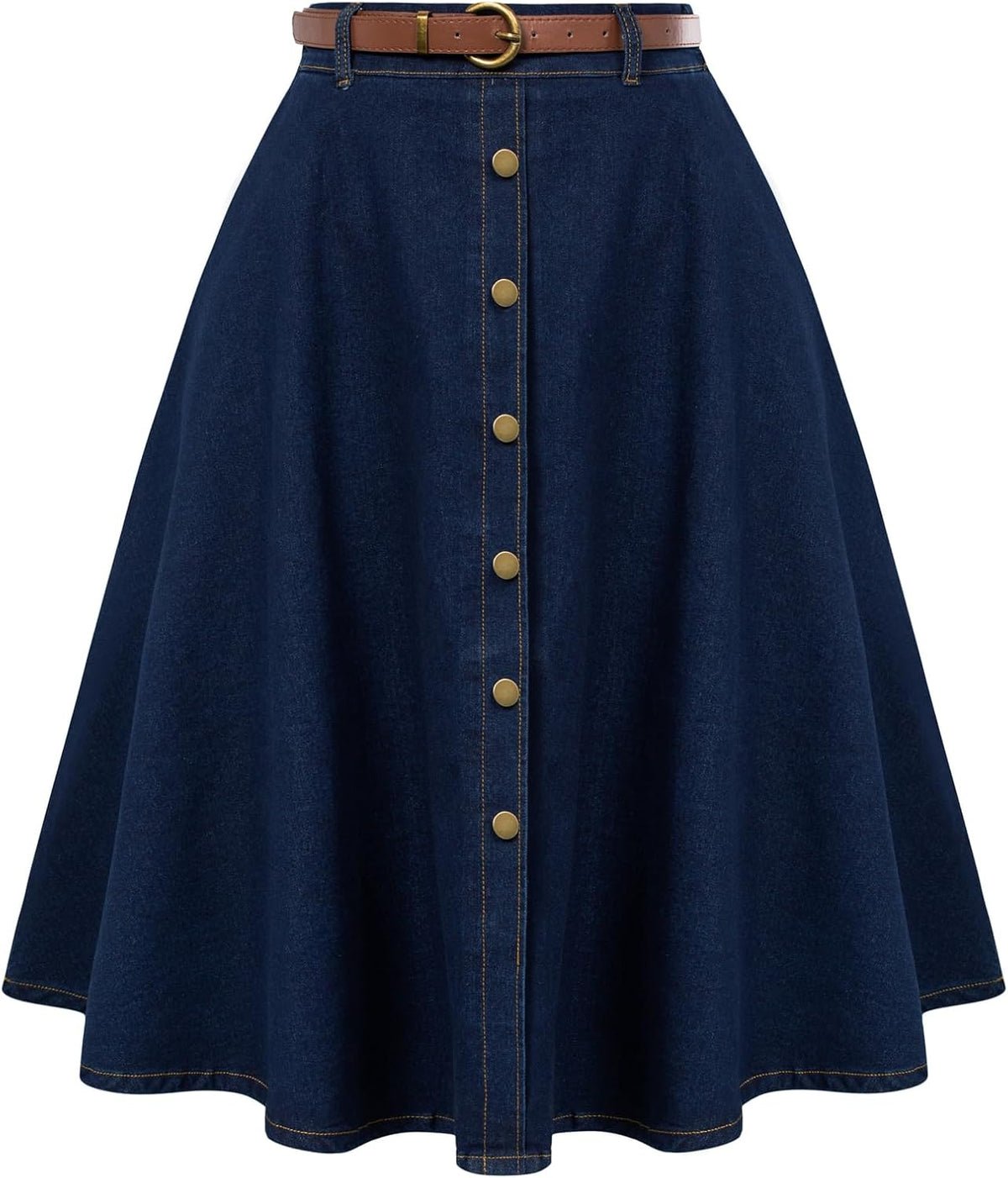 Belle Poque Women's Denim Skirts Vintage Below Knee Length High Waist A-Line Jean Skirts with Pockets