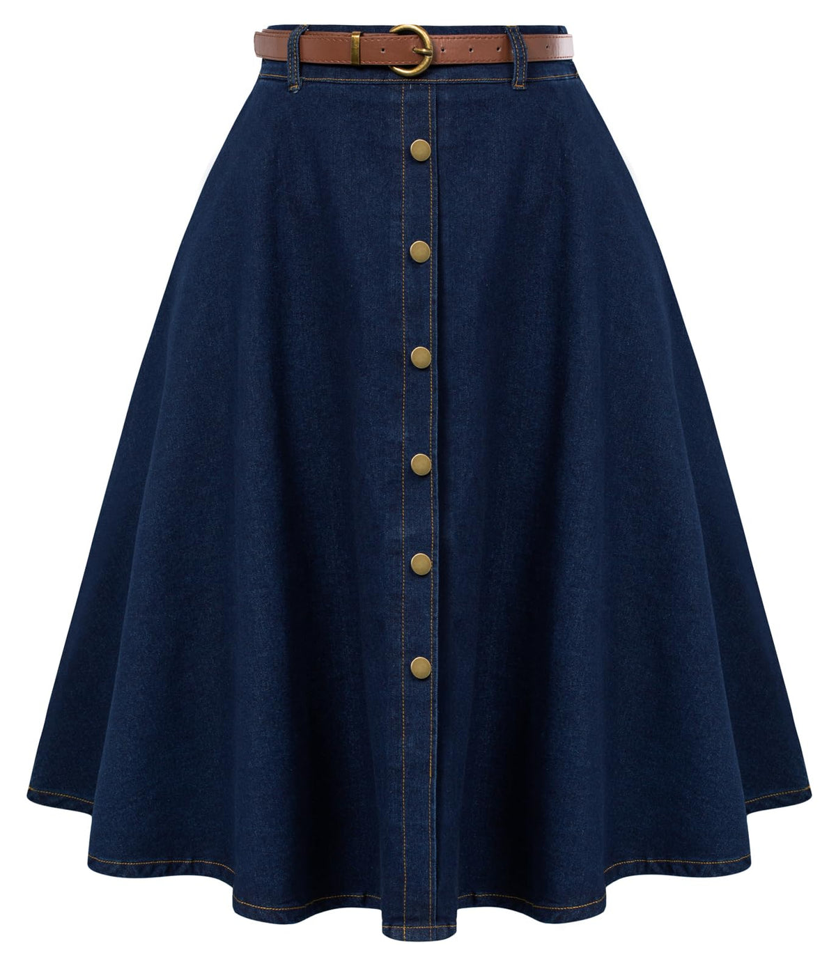 Belle Poque Women's Denim Skirts Vintage Below Knee Length High Waist A-Line Jean Skirts with Pockets