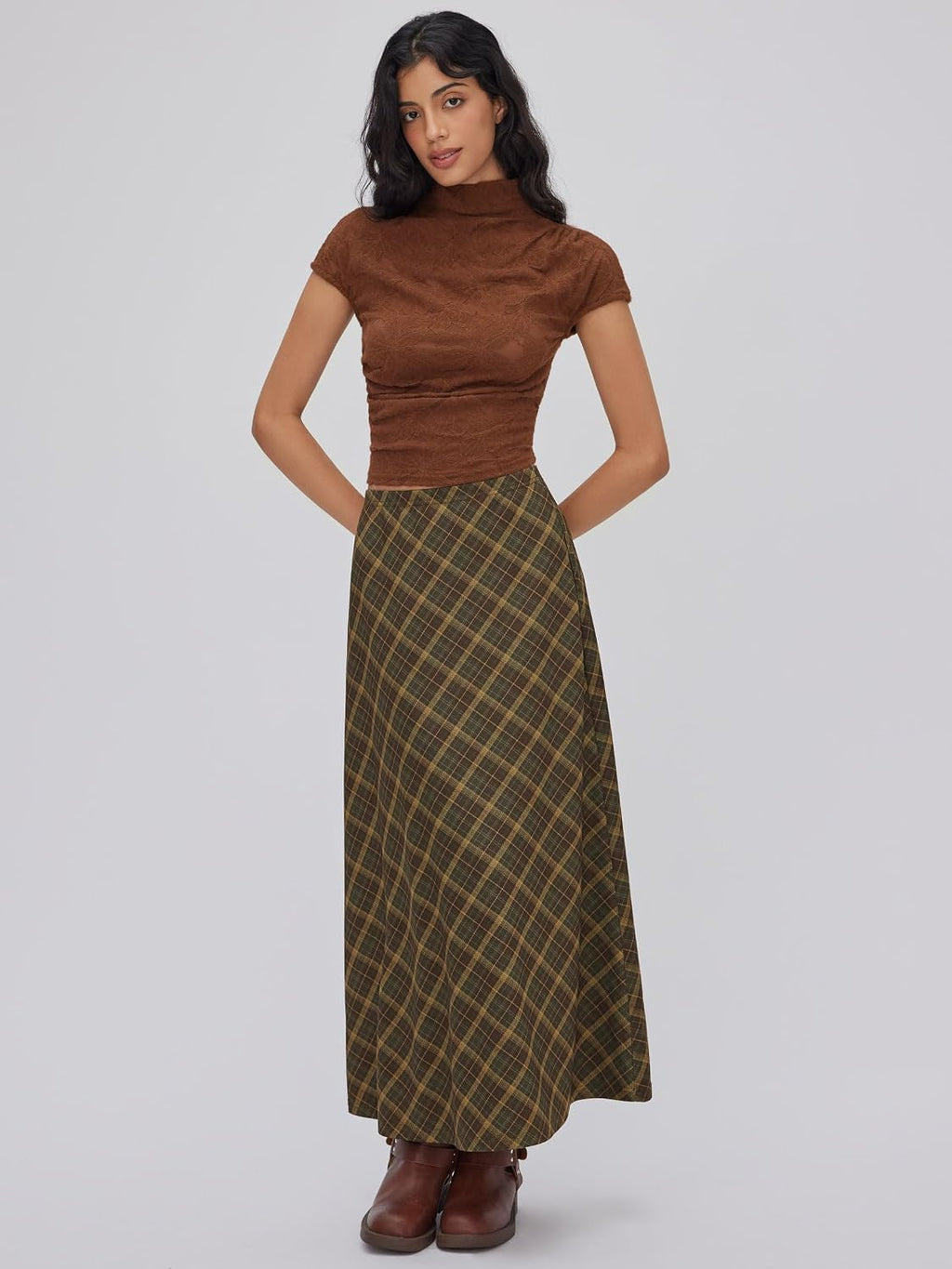 CIDER Womens Plaid Maxi Skirt A Line Pleated Gingham