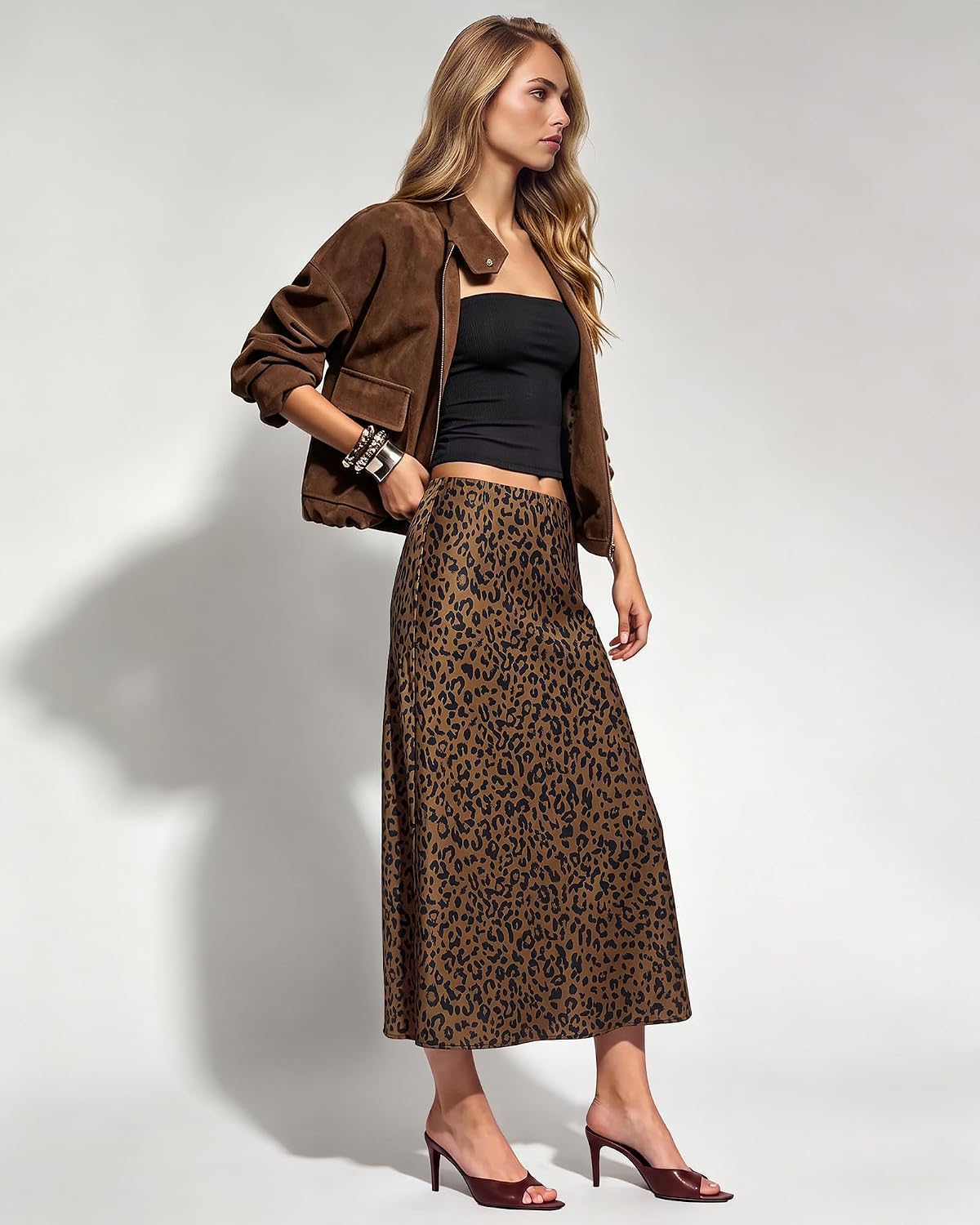 luvamia Women Satin Skirt Leopard Print Maxi Long Stretchy Elastic Skirts