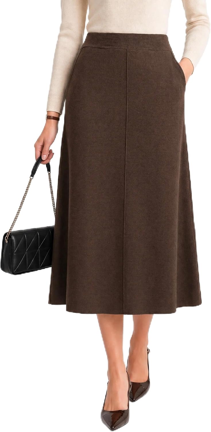 Arach&Cloz Women's Wool Blend A-Line Elastic Waistband Fall Sweater Skirts