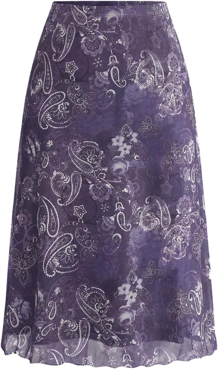 SOLY HUX Women's Plus Size Floral Mesh Midi Skirt A Line Flowy Skirts