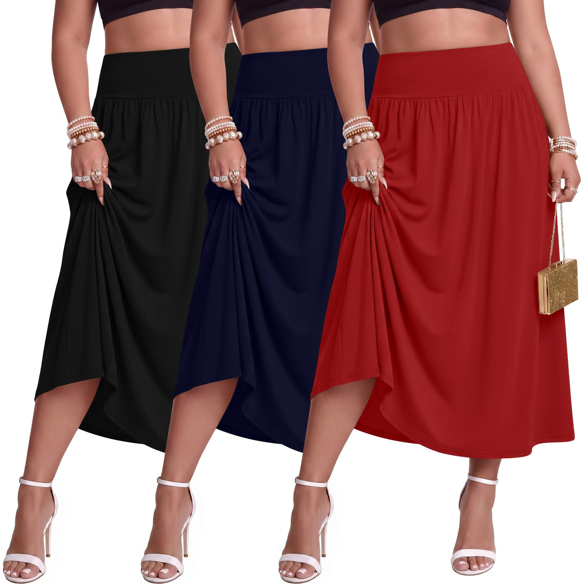 Ficerd 3 Pack Women Plus Size Skirts with Pockets