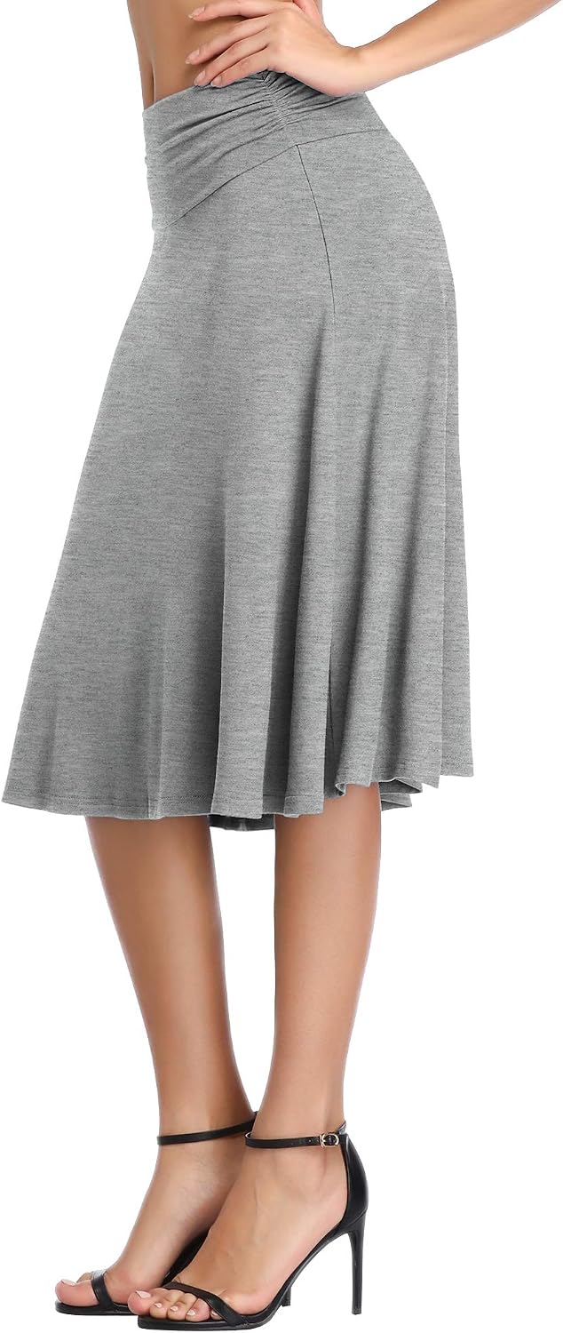 Urban CoCo Women's Ruched High Waist Knee Length Jersey A-Line Stretchy Flared Casual Skirt