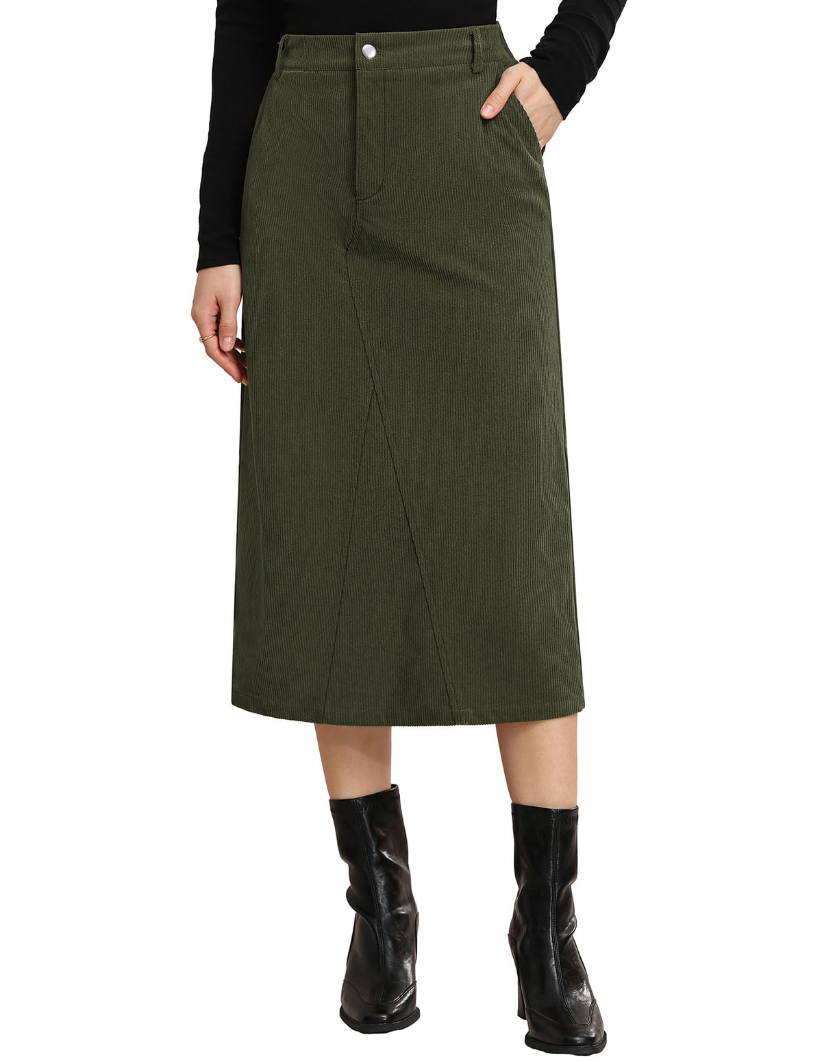Kate Kasin Women Corduroy Midi Skirts, Fall High Waist Skirt with Pockets