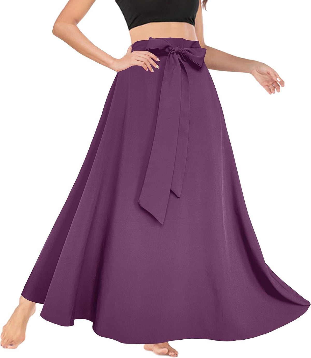 Afibi Women's High Waist Skirt Tie Front A-Line Flowy Long Maxi Skirts with Pockets
