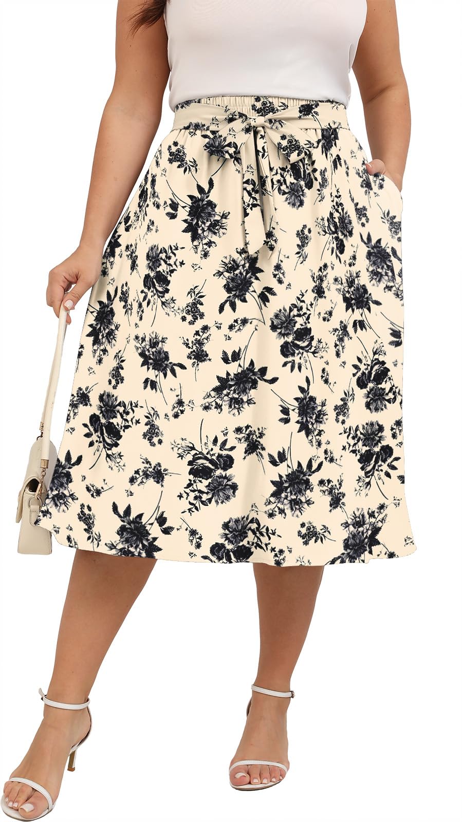 Xpenyo Womens Plus Size Midi Skirts Summer Elastic High Waisted Boho Casual Beach Flowy Swing Knee Length Skirts with Pockets