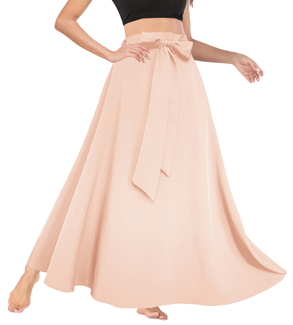 Afibi Women's High Waist Skirt Tie Front A-Line Flowy Long Maxi Skirts with Pockets