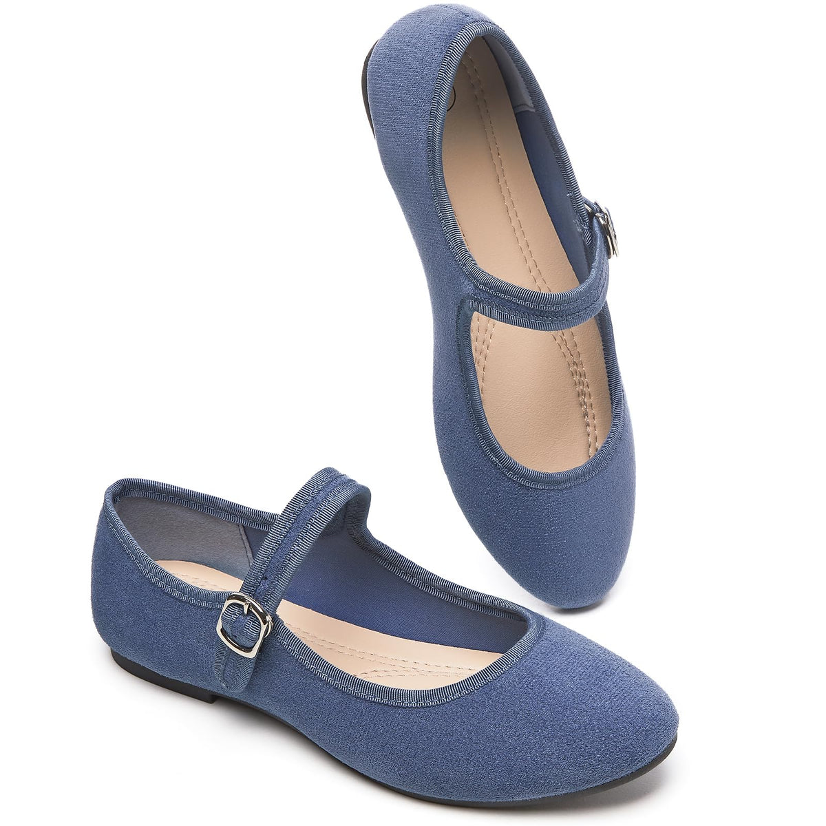 Womens Mary Jane Flats with strap,Faux Suede Black Flats,Casual Dressy Flat