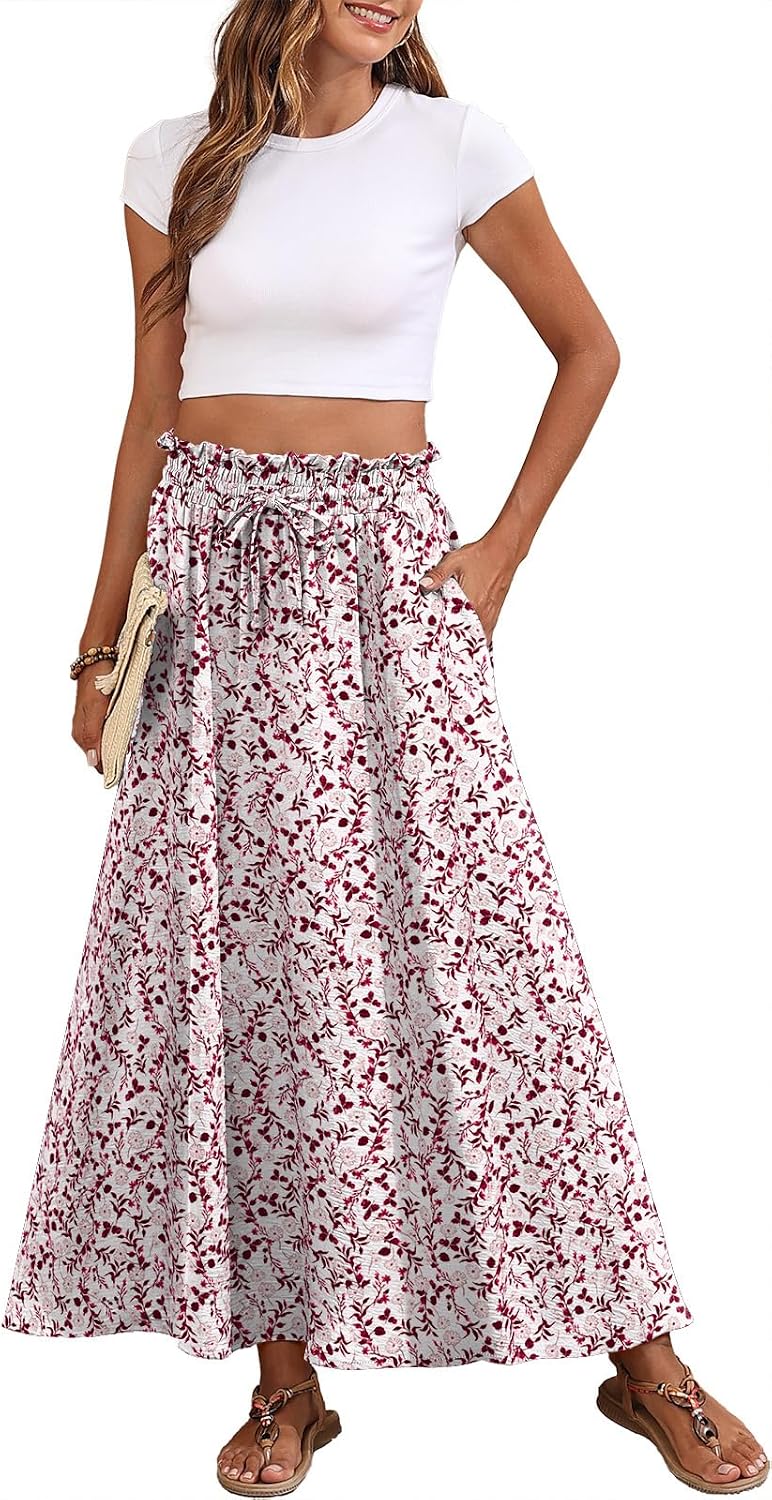 Askyes Womens Maxi Skirt Summer Tie Knot Elastic High Waisted Boho Casual Beach Flowy Swing Long Skirts with Pockets